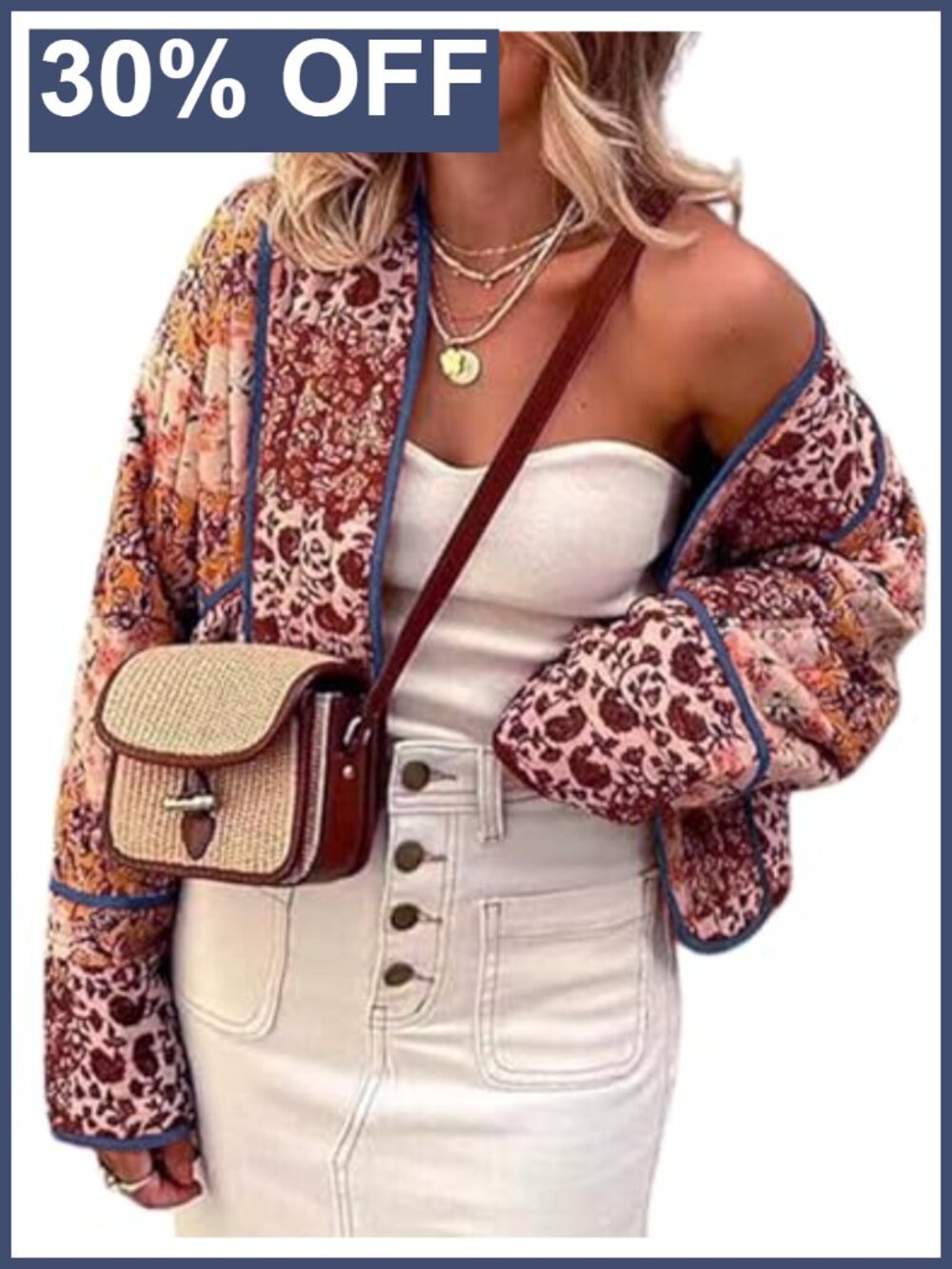 Omoone Reversible Floral Quilted Crop Puffer Jacket Open Front Coat